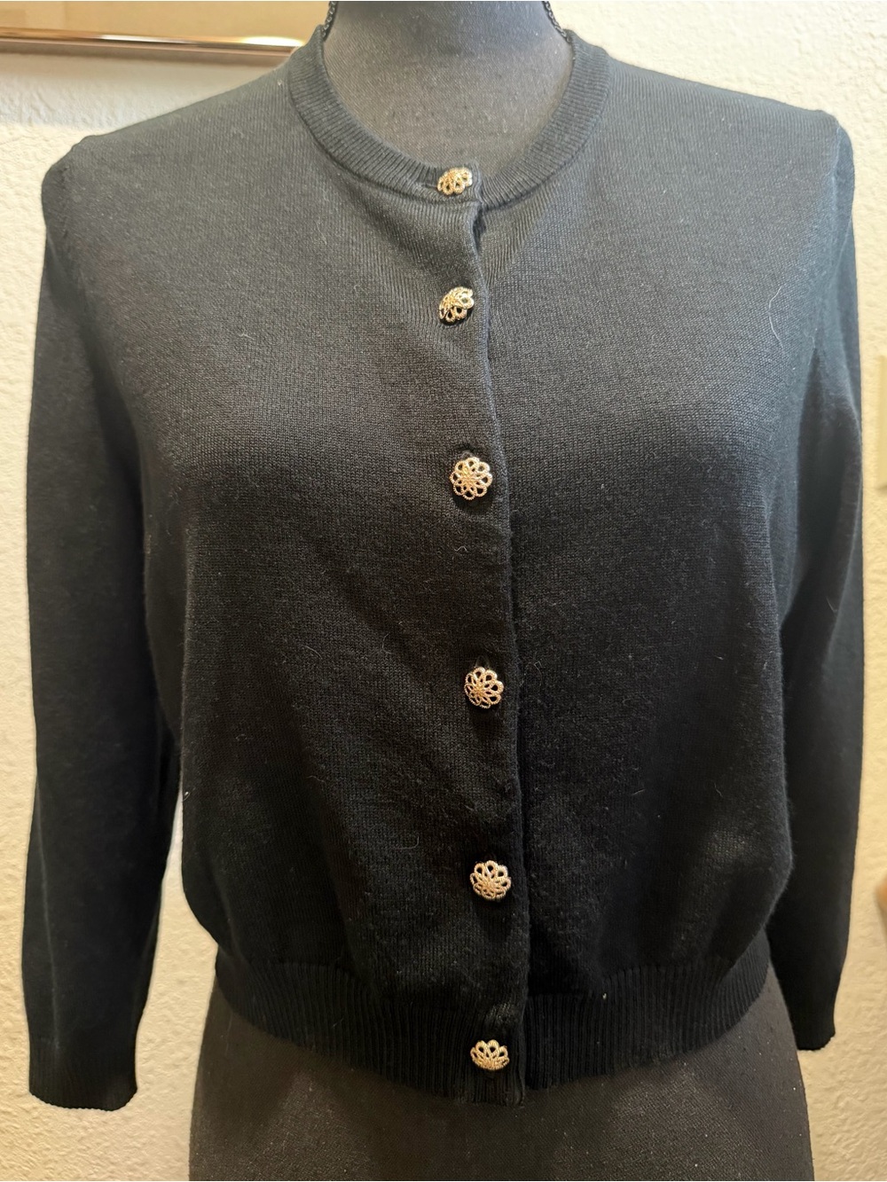 Classic Black Crewneck Cardigan with Decorative Gold Buttons